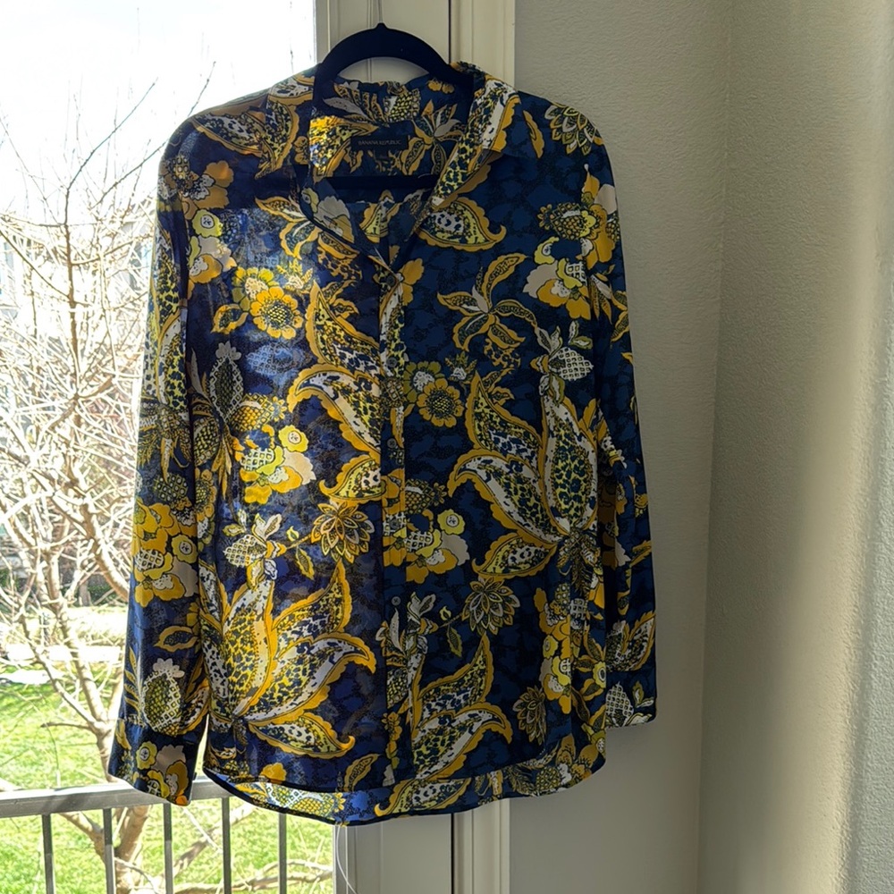 Floral Button-Up Blouse in Blue and Yellow
